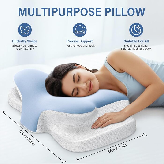 Подушка для шиї з піною з пам'яті, дихаюча, ергономічна, 65x37x10/12 см (Блакитна)