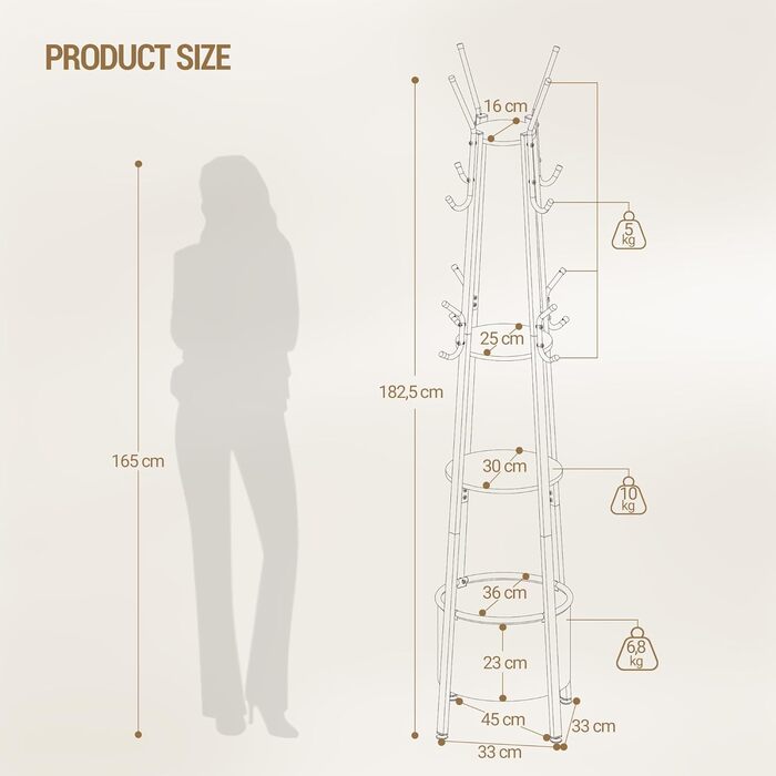 Вішалка для одягу Hzuaneri з великим кошиком для зберігання, 3 полиці, 16 гачків, 182,5 см, коричнево-чорна CR27301B