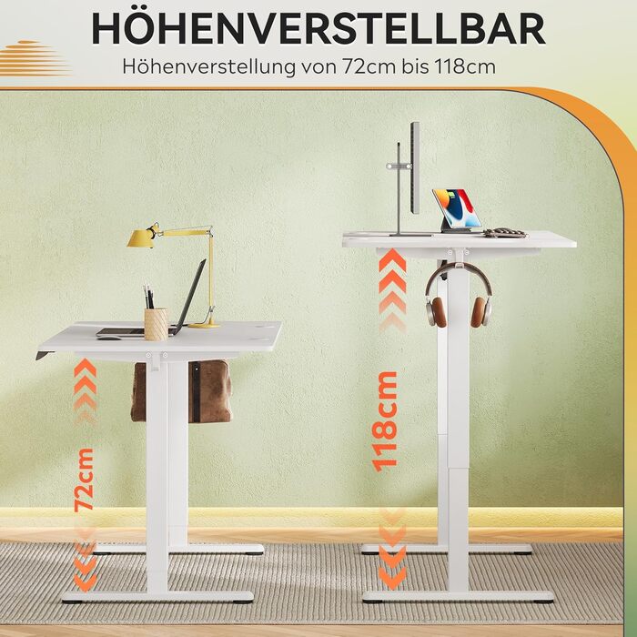 Регульований стіл Devaise 100x60 см з однією стільницею та тихим мотором, стіл для стоячи/сидячи з функцією пам'яті на 3 положення, ергономічний комп'ютерний стіл для офісу, білий (140x70 см, білий)