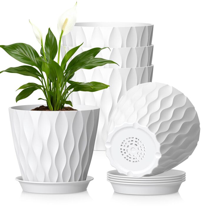 Набір горщиків для квітів 20 см, 5 шт. з підставкою та дренажними отворами, пластик, білий. Підходить для монстери, герані та інших кімнатних/садових рослин.