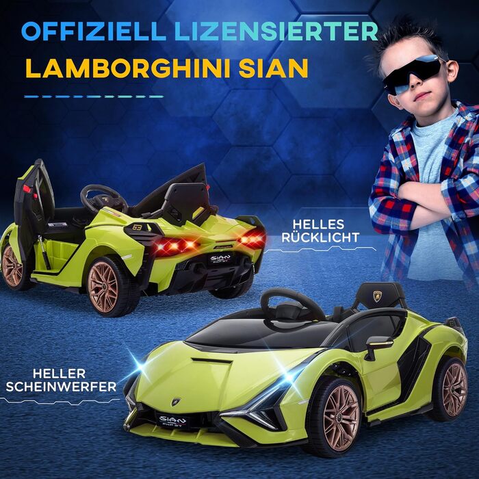 Електромобіль для дітей Lamborghini SIAN 12V, з пультом, музика, світло, металевий, зелений, 108x62x40 см, 37-60 місяців, HOMCOM