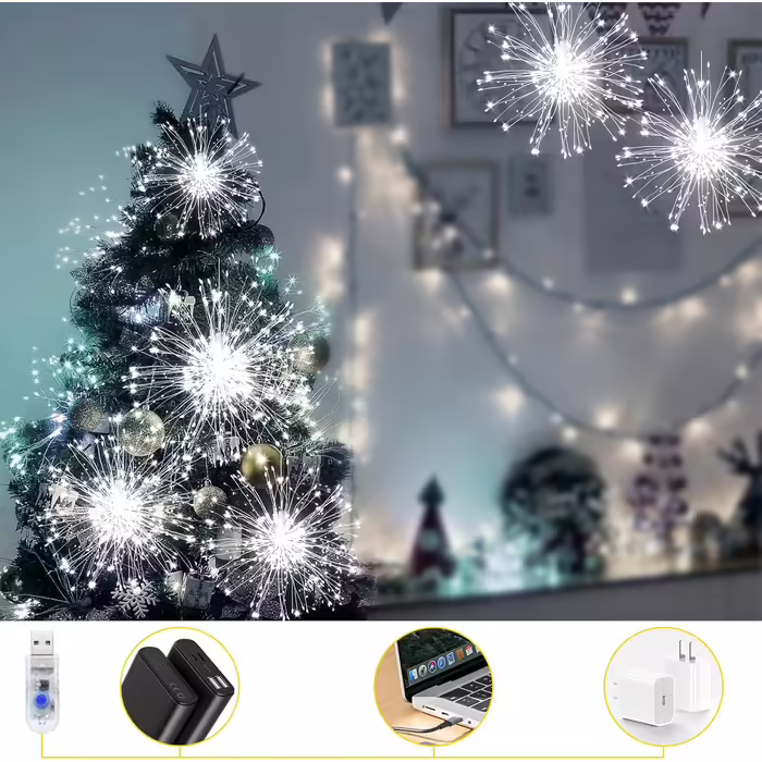 Гірлянда JIMACRO LED 4 шт. 120 LED, феєрверк, зірковий спалах, USB, 8 режимів, водонепроникна, з пультом, для вулиці та приміщення, біла, для Нового року, весілля, вечірки