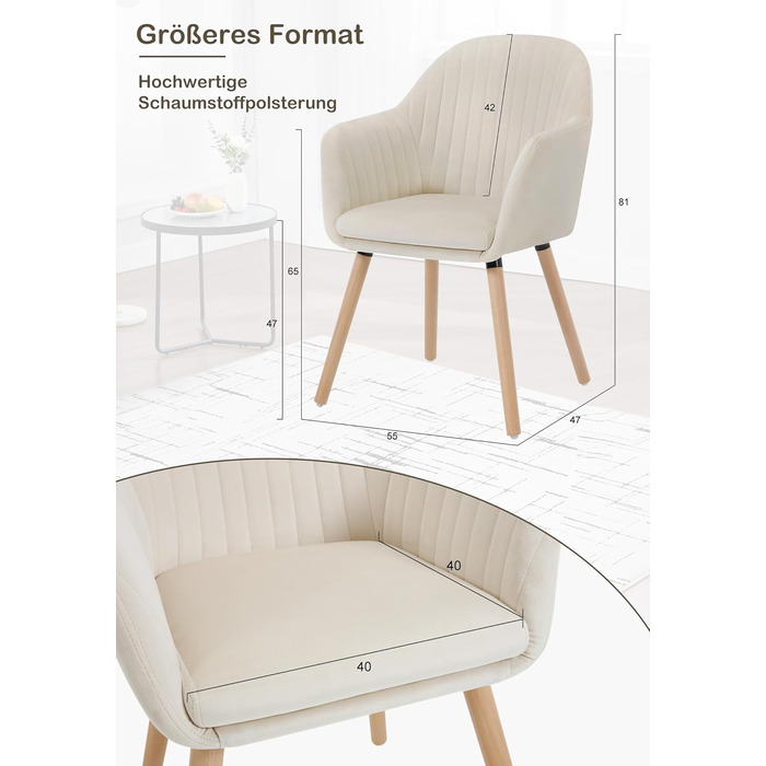 Крісла для їдальні WOLTU, набір 4 шт. - стильні крісла для кухні та вітальні з підлокітниками, м'яке оксамитове покриття, масивне дерево, кремовий колір, висота спинки 95 см