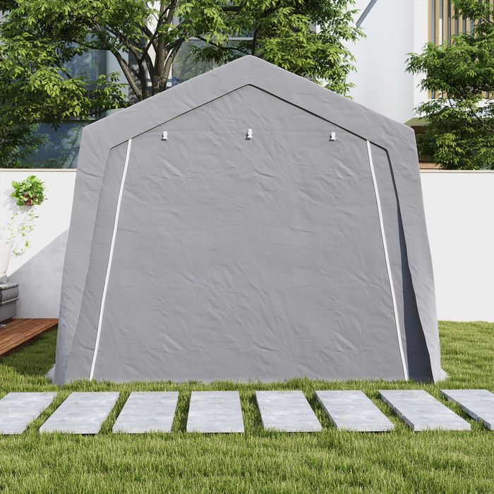 Outsunny Garden Shed з двосхилим дахом Водонепроникний садовий намет з дверима, вікнами, антипиловим покриттям для велосипеда, фольгований садовий сарай Велосипедний гараж для саду патіо, 300 x 447 x 255 см, світло-сірий | Аосом