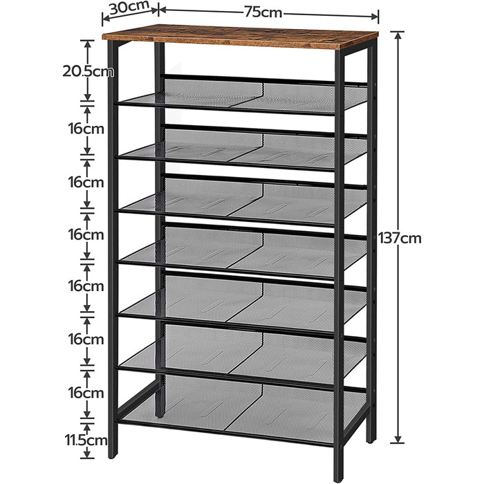 Ярусна полиця для взуття, тумба для взуття висока, велика вузька полиця для взуття, плоскі та похилі сітчасті полиці, металева, на 24-32 пари, для передпокою, вінтажний коричневий чорний EBF18XJ01 темно-коричневий чорний 75 х 30 х 137 см, 8-