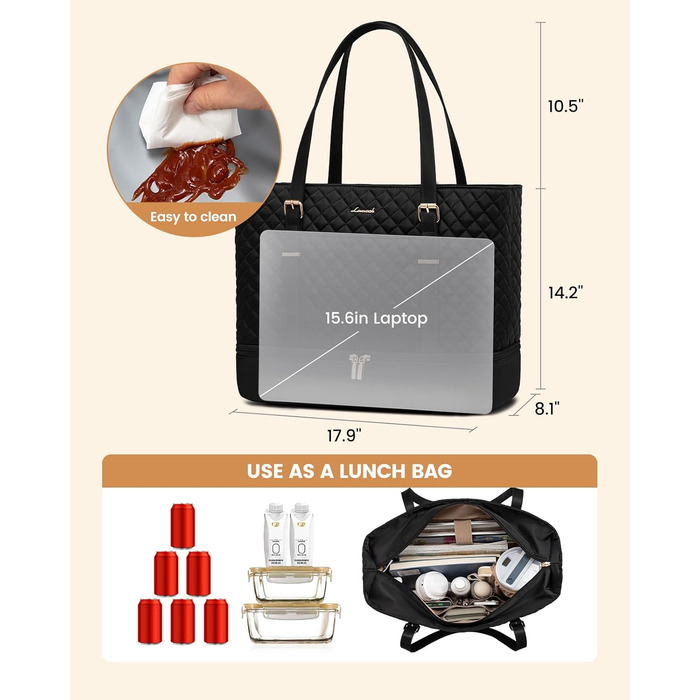 Сумка для ноутбука LOVEVOOK 15.6 дюймів для жінок з відділенням для ланчу, сумка-шопер, ділова сумка, портфель, сумка для навчання, містка, водонепроникна, чорна