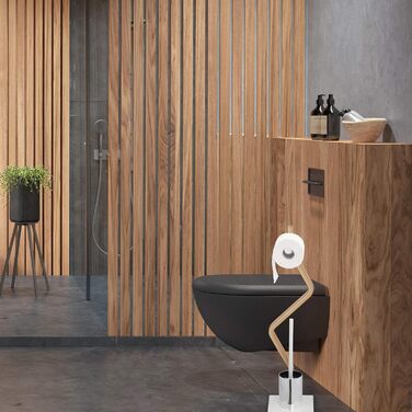 Комплект туалету Relaxdays стоячий, дерево та сталь, тримач для туалетного паперу зі щіткою, HBD 75 x 18,5 x 18,5 см, білий/натуральний