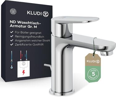 Змішувач для умивальника KLUDI-X1 низького тиску, висота виливу 95 мм, водозберігаючий, розмір M, з керамічним картриджем, хром, з 3 штуцерами (для бойлера), для ванної кімнати