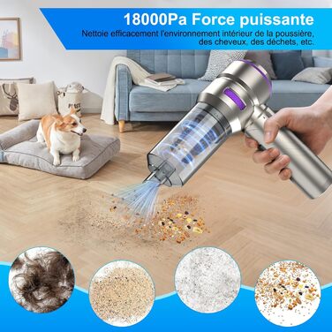 Бездротовий ручний автомобільний пилосос 4 в 1, потужність 18000Па, безщітковий мотор 200 000 об/хв, 3 рівні всмоктування для авто, дому та шерсті тварин, сріблястий