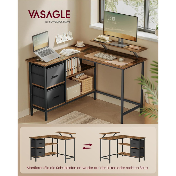 Комп'ютерний стіл VASAGLE L-подібної форми з 2 ящиками, регульована полиця, ігровий стіл, 115 x 105 см, вінтажний коричневий
