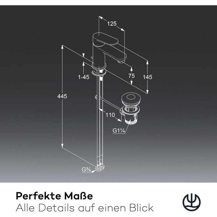 Змішувач для ванної кімнати KLUDI-X1 з витяжним зливом, висота виливу 75 мм, водозберігаючий кран, розмір S, керамічний картридж, для раковини, з підвідними шлангами, хром S