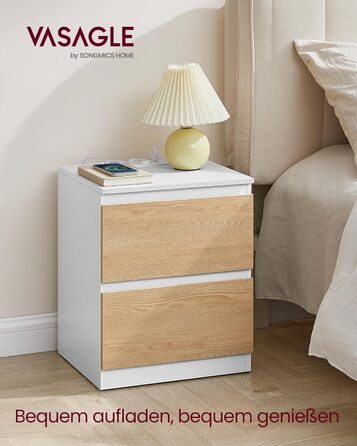 Приліжкова тумбочка VASAGLE Kailyn з розетками, 2 ящики, 2 AC-розетки, 2 USB-A порти, для спальні, хмарно-білий LET62W02