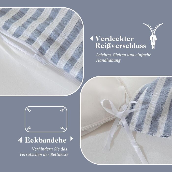 Набір постільної білизни SOULFUL 200x200, бавовна, смугастий дизайн, джинсовий колір, преміум-якість, сертифікат Öko-Tex 100, 3 шт. (200x200, 2x80x80)