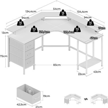 Ігровий кутовий стіл Seventable L-подібної форми з LED підсвіткою, розетками та 3 текстильними висувними ящиками, білий, 135x135x88 см