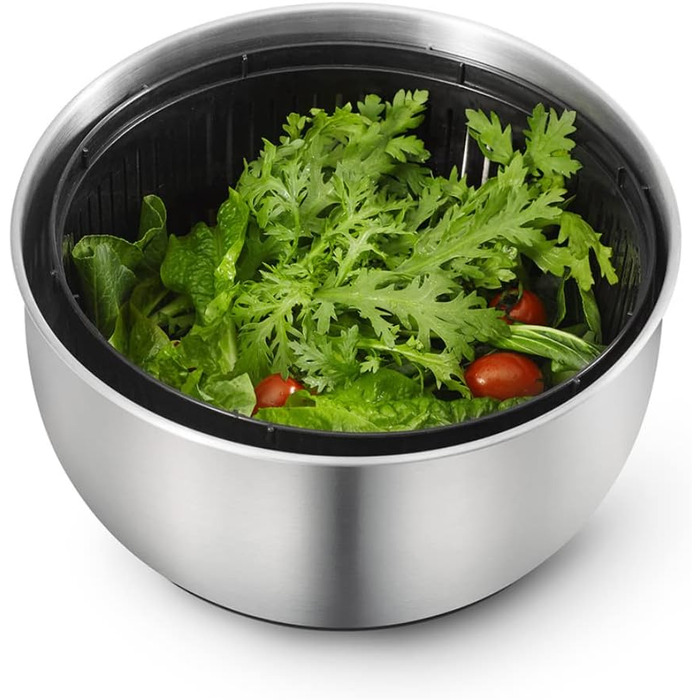Дзиґа для салату JOE & LEAH з нержавіючої сталі, велика, 5 літрів, висувна, для овочів і зелені, з кришкою, чаша для зберігання, салат, функціональна кнопка зупинки (нержавіюча сталь)