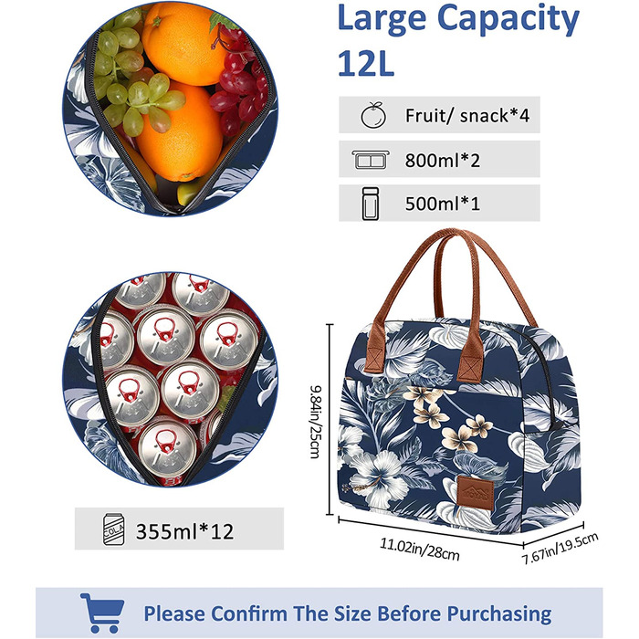 Сумка-холодильник Moyad, маленька легка сумка для ланчу, ізольована сумка для роботи, Школи, складна водонепроникна блискавка, 12L (квіти, темно-синій)