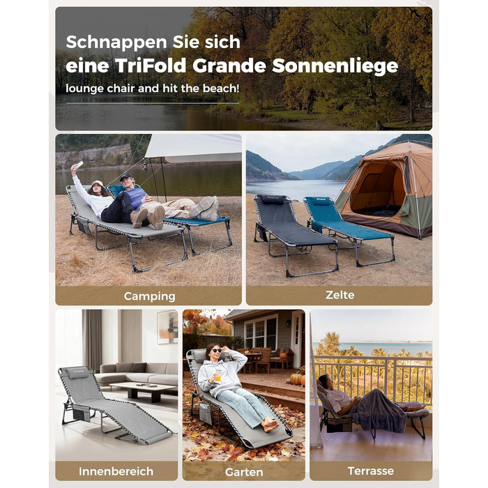 Лежак для відпочинку KingCamp великого розміру, складаний, 5 положень, для саду, кемпінгу, пляжу, з подушкою та кишенею, до 200 кг, 200 x 68 см, сірий
