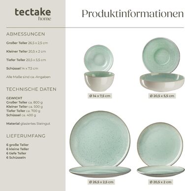 Набір посуду tectake® на 6 осіб (30 предметів), керамічний посуд, ручної роботи, з тарілками, мисками та чашками, придатний для миття в посудомийній машині та використання в мікрохвильовій печі - (24 предмети, Mid Sea)
