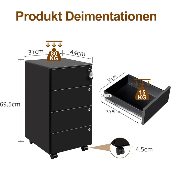 Роликовий контейнер HOMSTEEL з 3 замками, 4 шухлядами, для офісу та дому, білий (44 x 37 x 69.5 см)