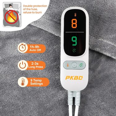 Електрична ковдра з фланелі 190x130 см з автовимкненням, 9 рівнів нагріву, захист від перегріву, пральна, сіра