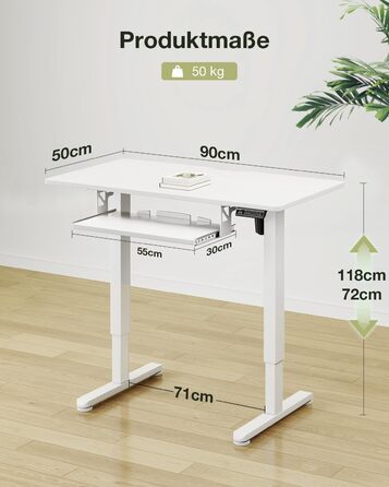 Електричний стіл OffiGo, 100x50 см, з підставкою для клавіатури, 3 положення пам'яті, для роботи та навчання, білий