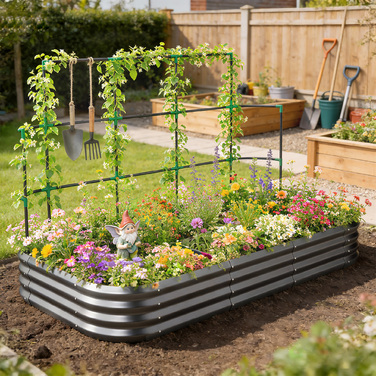 Підвищене грядка з шпалерою, металевий ящик для рослин з захисним бордюром та рукавичками, 220 x 110 x 150 см, темно-сірий