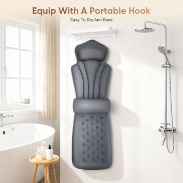 Подушка для ванни з підтримкою попереку, 144 присоски, 4D м'яка, з підголовником та додатковою подушкою, 133x41 см, сіра. З миючим мішком.