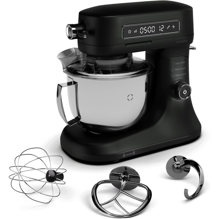 Кухонна машина Klarstein Chiara 1600W: 5л чаша з нержавіючої сталі, 12 швидкостей, LCD-дисплей, тиха робота (≤72 дБ), набір для випічки, корпус з алюмінію, чорний колір