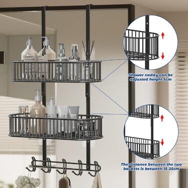 Настінна поличка для душу без свердління, чорна, для скляних душових кабін, регульована висота, 3 гачки, для шампуню та гелю для душу