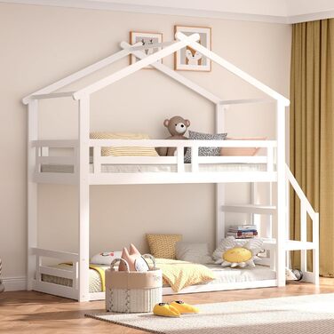 Ліжко-горище Merax 90x200 см, дитяче ліжко-будиночок, дерев'яне двоярусне ліжко із захистом від випадання та рейковим каркасом, універсальне дитяче ліжко з дахом та кутовими сходами, ігрове ліжко для хлопчиків та дівчаток, (90 x 200 см, біле 2-стороннє лі