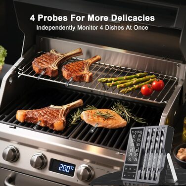 Цифровий термометр для м'яса – миттєвий термометр для гриля та продуктів харчування, бездротовий, ультратонкий зонд з двома датчиками 0,19 дюйма, Bluetooth 5.2, радіус дії 243,8 м, сповіщення через додаток, водонепроникний IP67 (набір з 4 зонди)