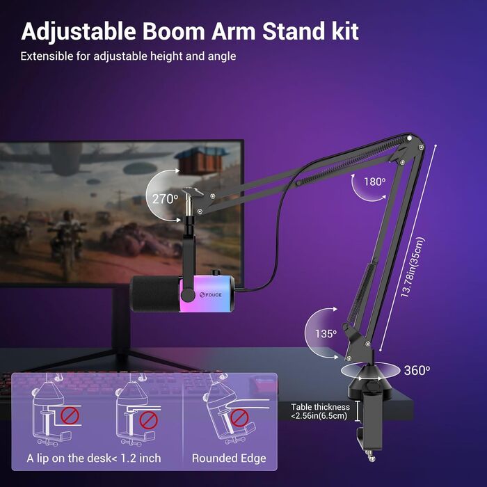 Ігровий мікрофон FDUCE з USB/XLR підключенням для стрімінгу, запису подкастів та ігор. RGB-підсвічування, регулювання чутливості, навушник, кріплення-павук (D20+)