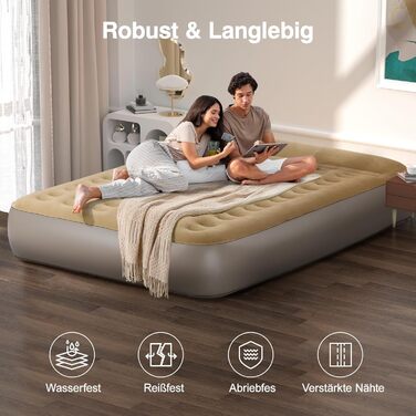 Надувне ліжко Lewondr на 2 особи з вбудованим насосом, 203x152x33 см. З подушкою, самонадувне, для кемпінгу, дому, гостей, подорожей (250 кг MAX), кольору хакі