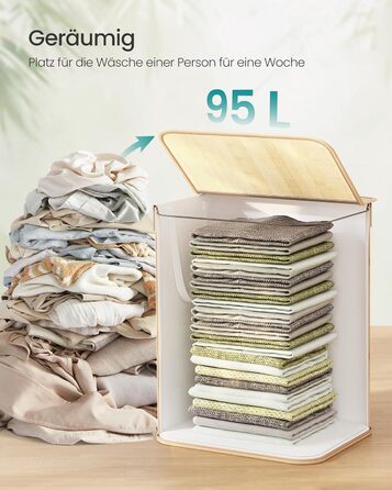 Кошик для білизни SONGMICS 95 л з кришкою, бамбук, з ручками, складний, знімний мішок, придатний для прання, для ванної кімнати, натуральний колір
