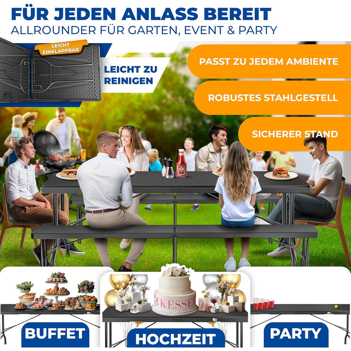 Стол KESSER® для пікніка, кемпінгу та саду, розкладний, 183x76 см, на 6 осіб, з чохлом та ручкою, антрацит
