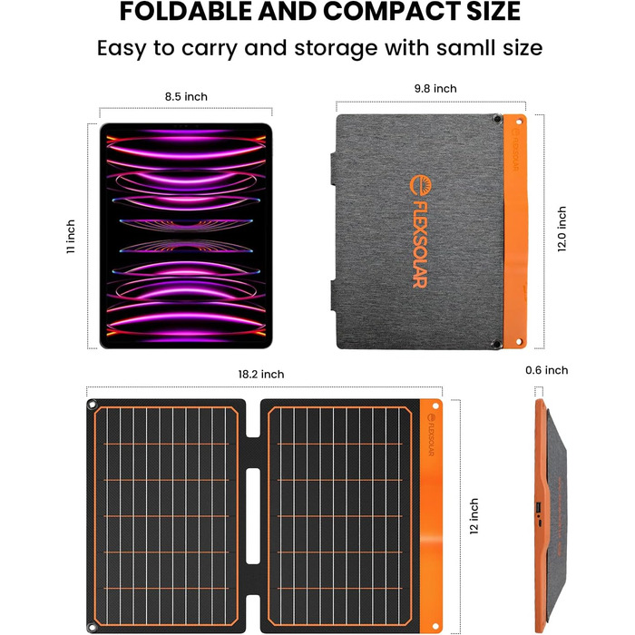 Сонячна панель 20 Вт, сонячна панель Flexsolar Складна 2-портова (USB-A, USB-C) сонячна панель, портативна легка аварійна панель ETFE, водонепроникна IP67, Походи, Кемпінг, Для мобільних телефонів Акумулятори Планшети Power Bank S20