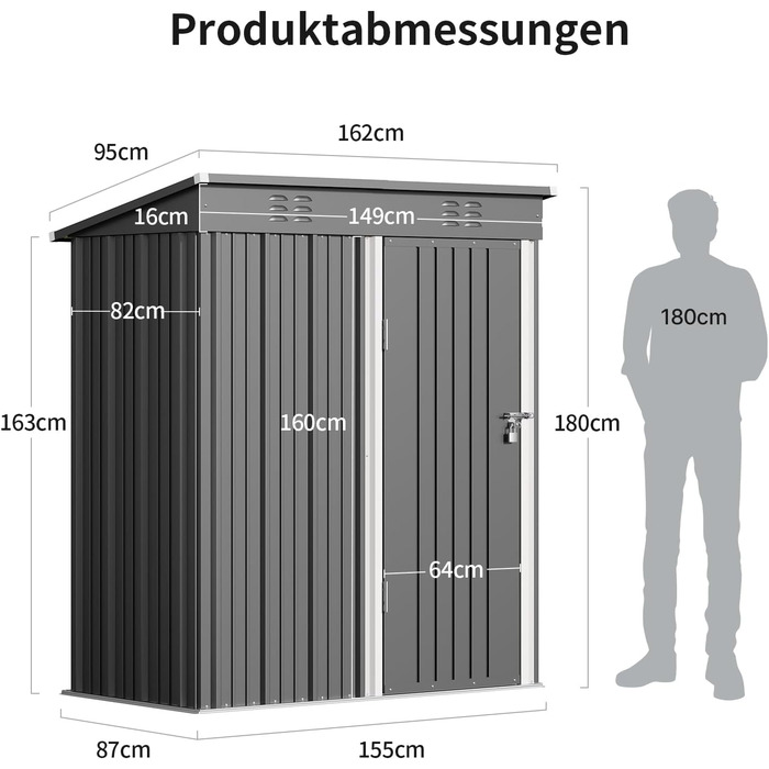 Металевий сарай для інструментів Bealife 180x162x95 см, сталевий садовий шоп, вуличний склад, дачний будиночок для двору, тераси, газону (Сірий)