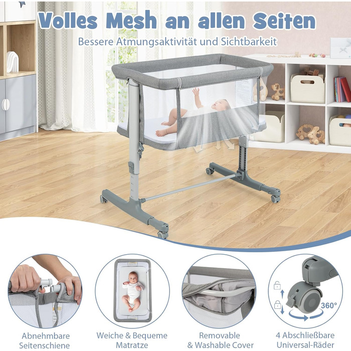 DREAMADE Beistellліжко 2-в-1 з регулюванням висоти, 5-рівнів, для новонароджених, з матрацом та колесами, 86 x 63 см, нахил 10°, сірий колір