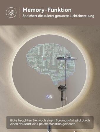 Дзеркало для ванної кімнати HOROW круглої форми з підсвічуванням, 80 см, LED, регулювання кольору світла (холодне, тепле, нейтральне), диммування, антизапар, без рами, IP44, енергозберігаюче (60x60 см)