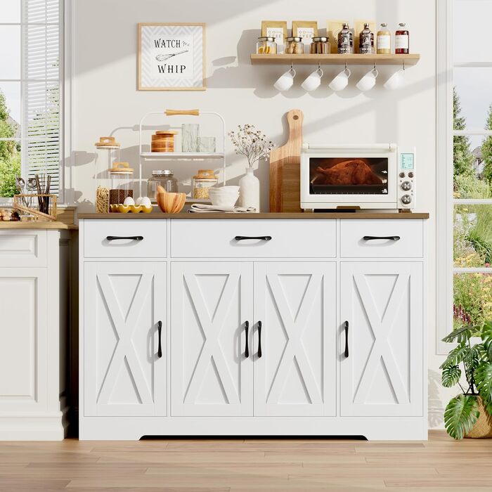 Сервант HOCSOK 140 см: кухонна шафа з 2 регульованими полицями, буфет з 3 висувними ящиками та 4 дверцятами, для вітальні, кухні, передпокою, білий & коричневий