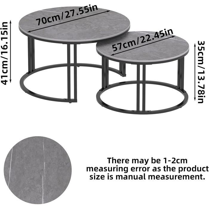 Набір з 2 круглих журнальних столиків, ефект мармуру, металевий каркас, маленький/великий (сірий)