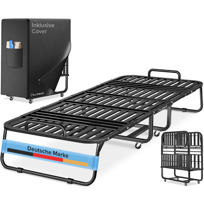 Розкладне ліжко ELONEO з преміум-матрацом (90x200 см), металевий каркас, витримує до 250 кг, з коліщатками та захисним чохлом