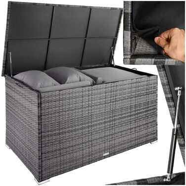 Скриня для зберігання садових речей Tectake з поліротангу, 750 л, чорна - водонепроникна, з газовими амортизаторами, 145x82.5x79.5 см