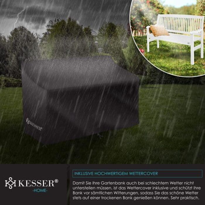 Садова лавка KESSER® дерев'яна для 3-4 осіб, біла 150 см, стійка до погодних умов, вантажопідйомність 320 кг, з чохлом для балкона, тераси та саду