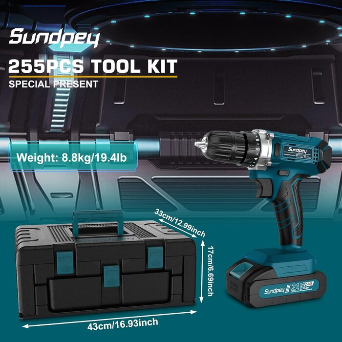 Набір інструментів Sundpey 255 предметів з акумуляторним дрилем-шуруповертом 21V, 2x2000mAh, синій - для дому та авто