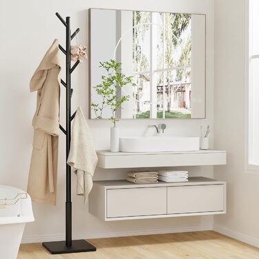 Дзеркало-вішалка для одягу з масиву дерева, чорного кольору, 8 гачків, 3 регульовані висоти, 30x30x180 см