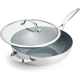 GreenPan Valencia Pro Wok з нержавіючої сталі, 30.5 см, з кришкою, 3-шаровий, антипригарне покриття Ceramic, без PFAS та PFOA, для індукційних плит