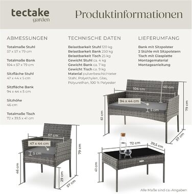 Набір садово-розкладних меблів tectake® з ротангу: банкетка, 2 крісла, столик, подушки, для балкона/тераси (сірий)