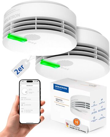 Пожежний сповіщувач Hekatron Genius Plus з батареєю на 10 років, тестування Stiftung Warentest, Made in Germany, з клейкою підкладкою, підтримка додатку, багатомовний, 1 шт.