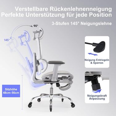 Ергономічне крісло для офісу з підніжкою та подушкою для шиї, 5-рівневе регулювання спинки, 2D підтримка попереку, 3D підлокітники/підголівник, функція нахилу 145°, сітчасте сидіння, гумові колеса (Сірий, Pro)